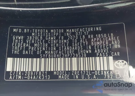 2017 Toyota Corolla Le z USA, uszkodzony, nr VIN 5YFBURHE2HP729538